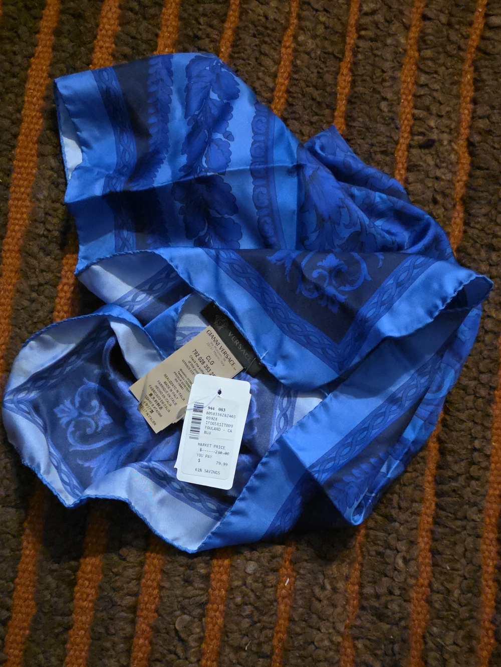 Versace Blue Floral-Pattern Silk-Look Scarf
